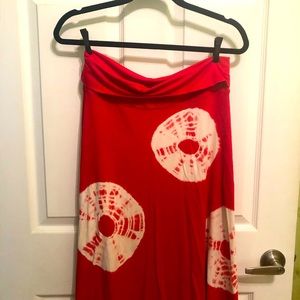Red Tie-dye motif Boho summer skirt, M,midi length